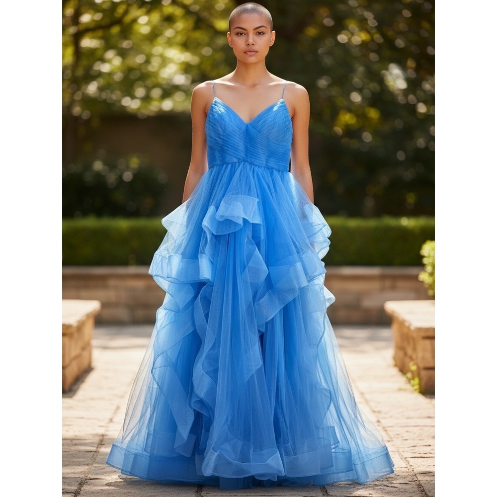 JJ's House Tulle Ball Gown Women Size 8 Blue NEW Tiered Ruffle Formal Prom Dress